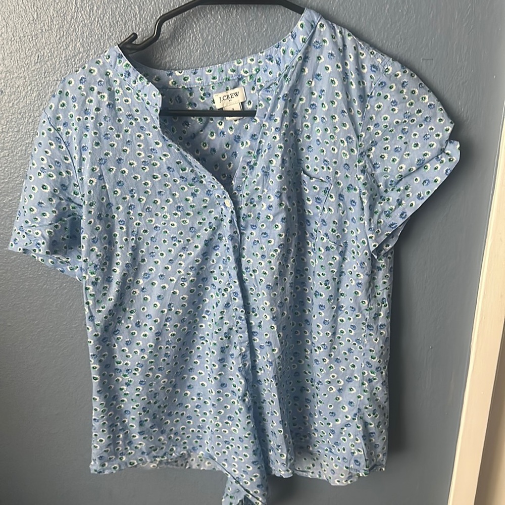 Women’s Blouse, Small, Blue with green and white flowers